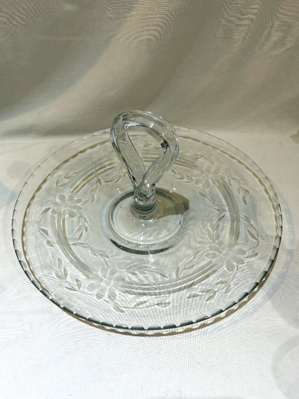 Vintage Floral Etched Clear Glass Tidbit Serving Tray Center Handle
